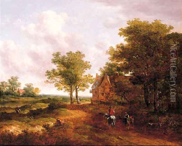 A traveller conversing with a peasantwoman on a track by an inn Oil Painting - Meindert Hobbema