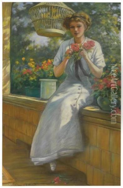 Frances Aranging Flowers. Oil Painting - Charles Allan Gilbert