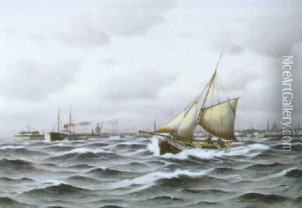 Marine Med Skibe Udfor Kobenhavns Havn Oil Painting - Johan Jens Neumann