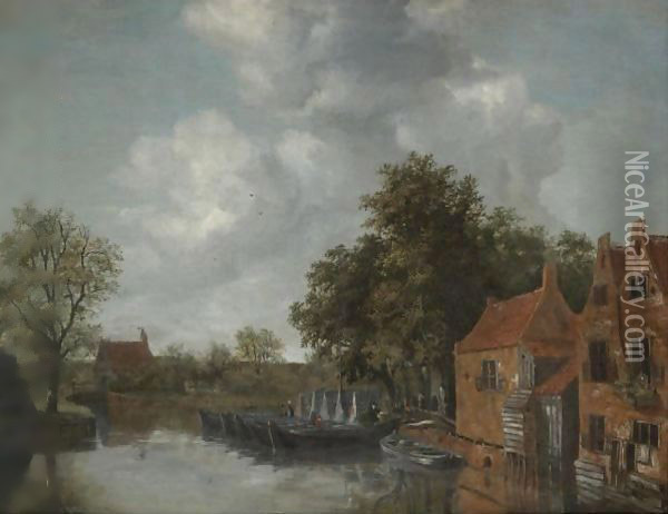A View On A Canal In A Dutch Village With Barges Moared On The Quay Near Houses Oil Painting - Meindert Hobbema