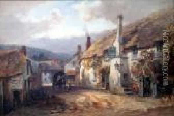 Village With Horsecart And Thatched Inn Oil Painting - Alfred Leymann