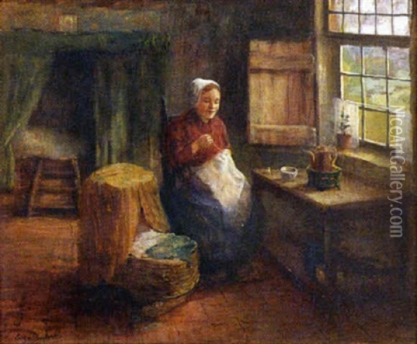 Interior Scene Of A Mother Sewing Beside A Child Sleeping In A Bassinet Oil Painting - Carl Eugene Mulertt