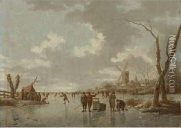 Winter Scene With Skaters On A Frozen River Oil Painting - Hendrick Willelm Schweickhardt