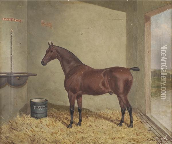 Lord Bath: A Bay Horse In A Stable Interior Oil Painting - A. Clark
