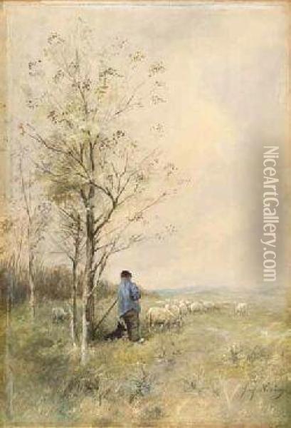Shepherd And His Flock - Springtime Oil Painting - Joseph Hendrikus Neuhuys