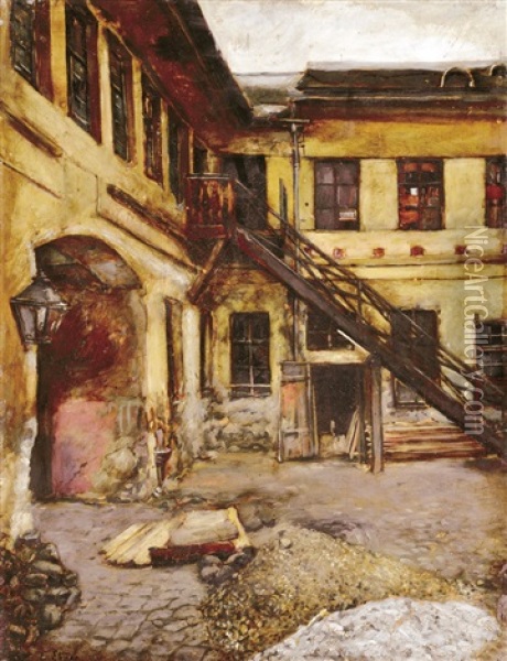 Courtyard Of The Museum Of Szolnok Oil Painting - Lajos Deak Ebner