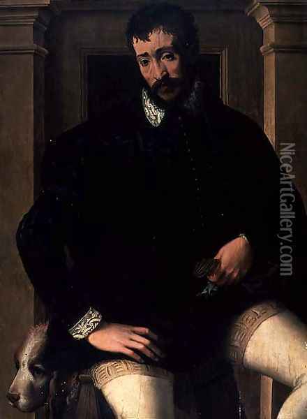 Portrait of a Gentleman Wearing a Black Embroidered Doublet and Cloak Oil Painting - Francesco de' Rossi