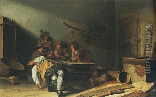 A Barn Interior With Men Playing Cards And Another Resting On A Bench Oil Painting - Pieter Jacobs Codde