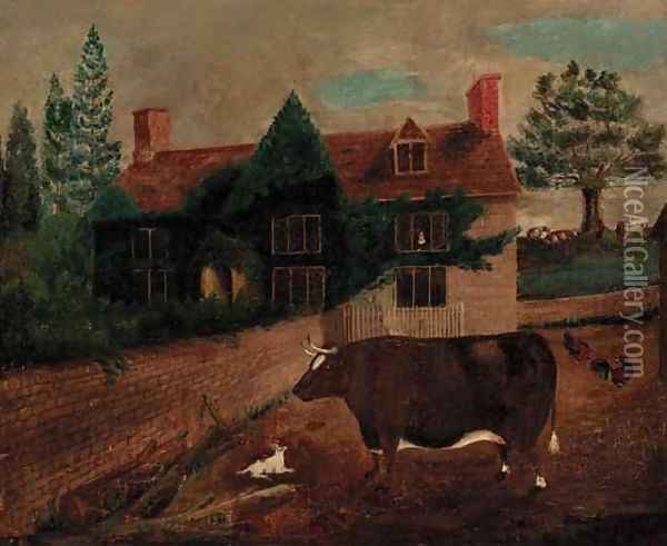 A prize bull before a cottage Oil Painting - English Provincial School