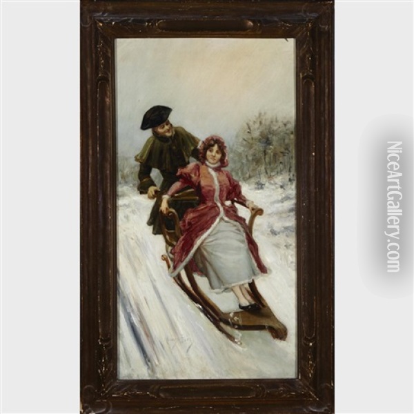 Lovers Sledding Oil Painting - Mariano Alonso Perez