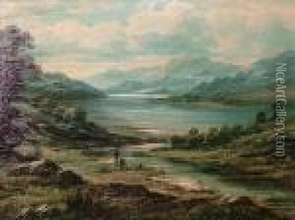 Anglers In A Lochlandscape Oil Painting - Charles Leslie