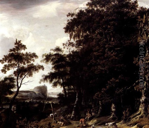 Huntsmen In A Wooded Landscape Oil Painting - Jan Looten