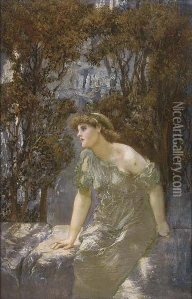 A Maiden Seated On A Wall Oil Painting - William Edward Frank Britten