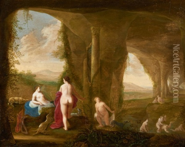 Badende Nymphen In Einer Grottenlandschaft Oil Painting - Abraham van Cuylenborch