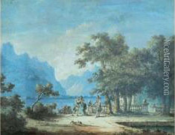 Personnages Au Bord D'un Lac En Italie Oil Painting - Claude Louis Chatelet