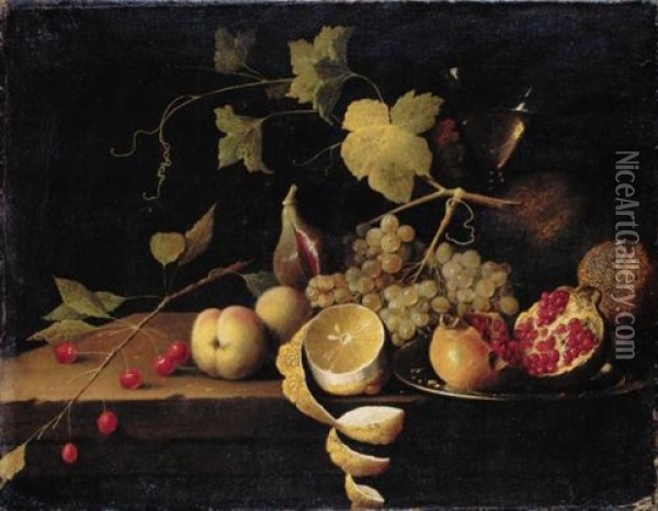 Still Life Of Cherries, Peaches, A Half-peeled Lemon, Grapes On A Vine, A Fig, And An Open Pomegranate On A Silver Platter, In Front Of A Tall Wine Glass Oil Painting - Thomas De Paep