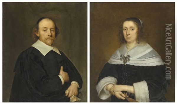 Portrait Of A Gentleman, Half-length, In A Black Coat And Cloak; And Portrait Of A Lady, Half-length, In A Black Gown And A Lace-trimmed Flat Collar And Cuffs Oil Painting - Cornelis Jonson Van Ceulen
