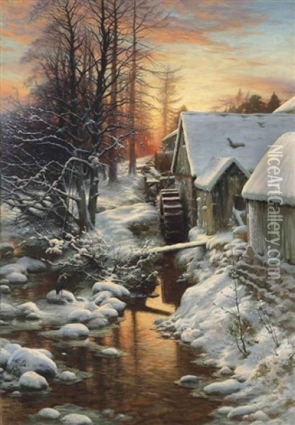 Silence Of The Snow, Bucket Mill On The Feugh, Finzean Oil Painting - Joseph Farquharson