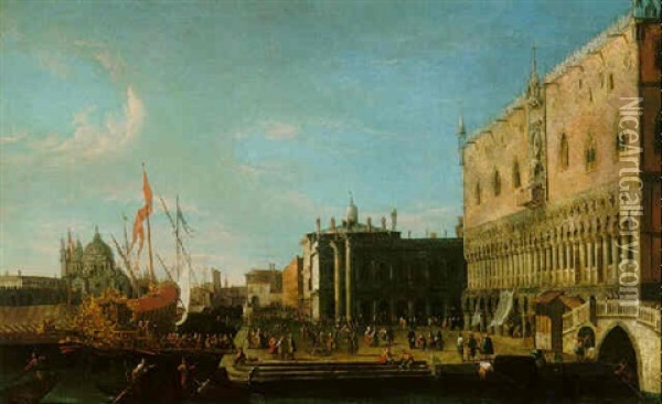 Venice, A View Of The Riva Degli Schiavoni Looking West With Figures Embarking The Bucintoro Oil Painting - Luca Carlevarijs