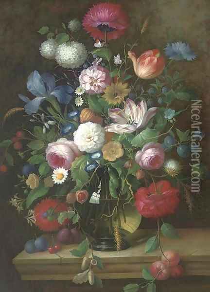 An impressive still life of flowers on a stone ledge Oil Painting - Thomas Webster