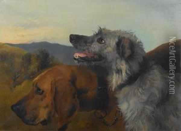 A Blood Hound And A Deerhound In A Landscape Oil Painting - George W. Horlor