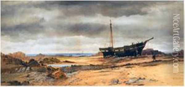 A Rocky Coastal Landscape, With Large Boat On Beach, Figures Oil Painting - George Whitaker