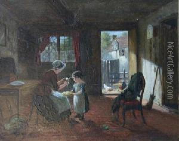 Woman Peeling Apples Seated Upon
 A Stool, A Young Child Holding A Bowl Before Her, Chickens In A Yard In
 Background Oil Painting - James Hardy