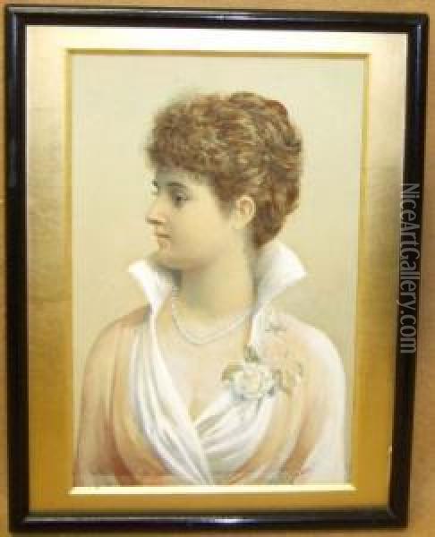 Portrait Of A Young Lady Wearing A White Rose To Her Dress Oil Painting - E.J. Walker