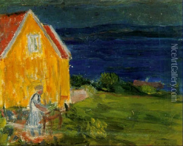Kvinna Vid Hus Vid Havet Oil Painting - Ivan Ivarson