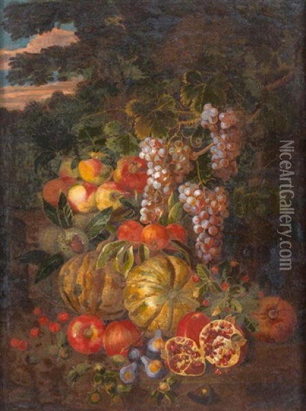 Nature Morte Aux Raisins, Grenades Et Melons D'eau Dans Un Paysage Au Crepuscule Oil Painting - Michelangelo di Campidoglio