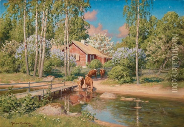 Summer Landscape With Cows Oil Painting - Johan Fredrik Krouthen