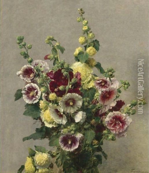 Roses Tremieres Oil Painting - Ignace Henri Jean Fantin-Latour