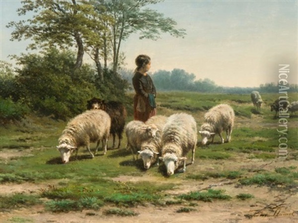 Bergere Et Moutons Oil Painting - Andre Plumot