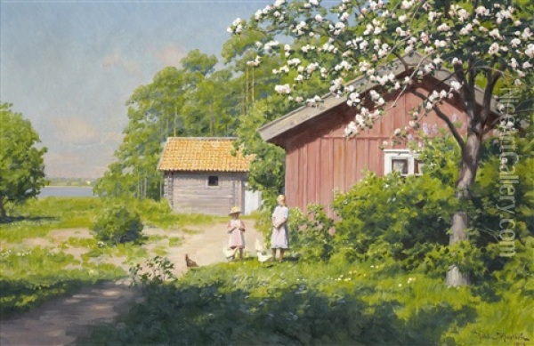 Flickor Och Pickande Hons I Sommargronska Oil Painting - Johan Fredrik Krouthen