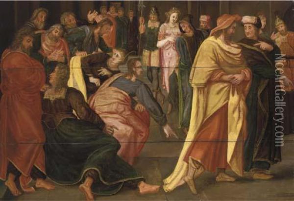 Christ And The Woman Taken In Adultery Oil Painting - Maarten de Vos