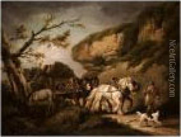 A Horse Drawn Cart Carrying Slate In A Landscape Oil Painting - George Morland