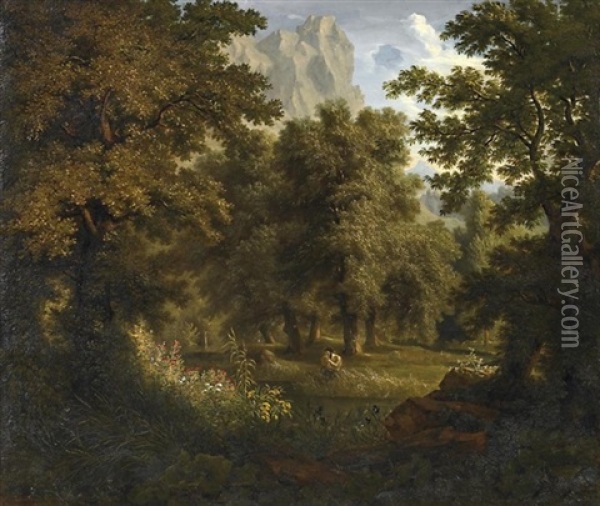 Romantische Waldlandschaft Mit Faun Oil Painting - Jakob Christoph Miville
