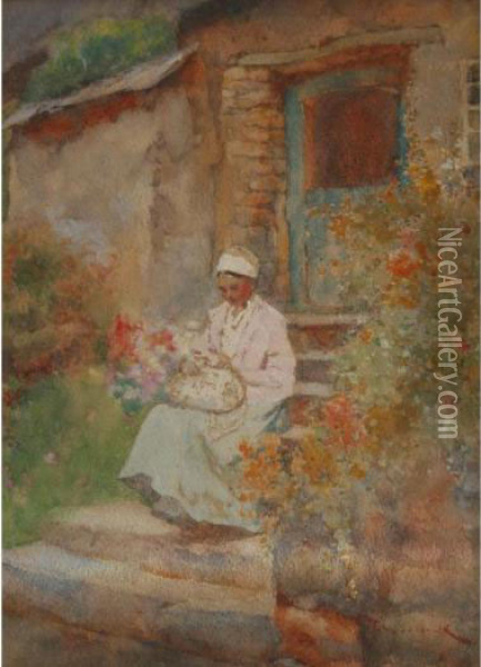 Waiting On The Cottage Steps Oil Painting - David Woodlock