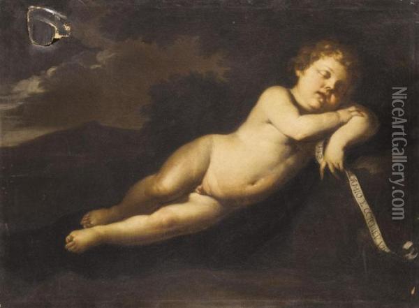 Infant Saint John The Baptist Asleep In A Landscape Oil Painting - Simone Cantarini Il Pesarese