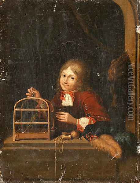 A Boy holding a Birdcage at a Casement Oil Painting - Dutch School