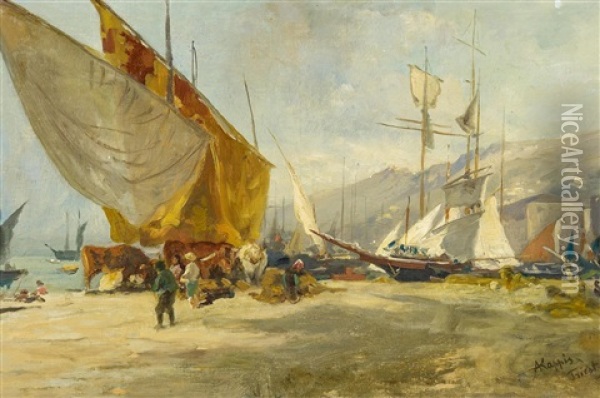 Anlandende Fischerboote Und Segler In Der Bucht Von Triest Oil Painting - Albert Kappis