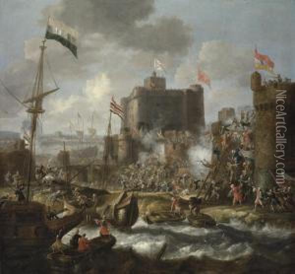 Ottoman Forces Attacking An Islet Fortress Oil Painting - Jan Peeters