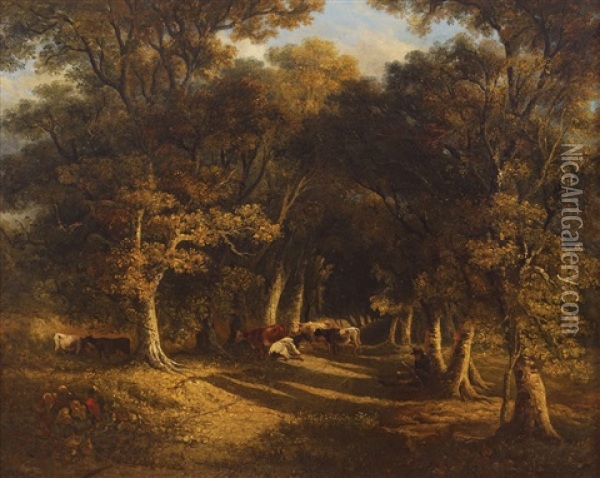 A Woodland Avenue With Cattle And Resting Herdsman Oil Painting - James Arthur O'Connor