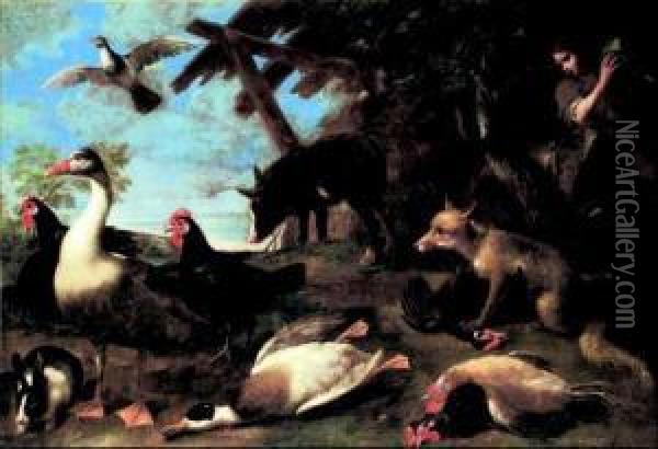 Natura Morta Con Animali E Giovane Sullo Sfondo Oil Painting - Tommaso Salini (Mao)