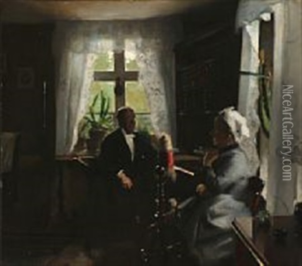 An Elderly Couple In Their Living Room Oil Painting - Harald Slott-Moller