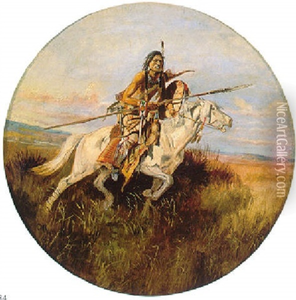 Indian On White Horse With Spear Oil Painting - Charles Marion Russell