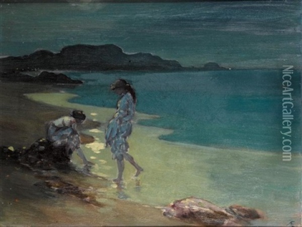 Figures By A Moonlit Sea Oil Painting - George Russell