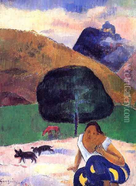 Landscape With Black Pigs And A Crouching Tahitian Oil Painting - Paul Gauguin