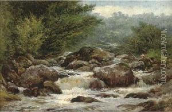 An Angler On The Rocks Of Dulyn Oil Painting - Henry Measham