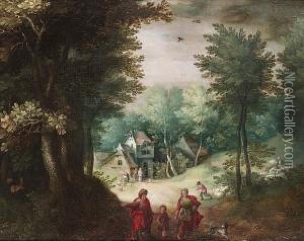A Wooded Landscape With Tobias And His Parents Oil Painting - Gillis van Coninxloo